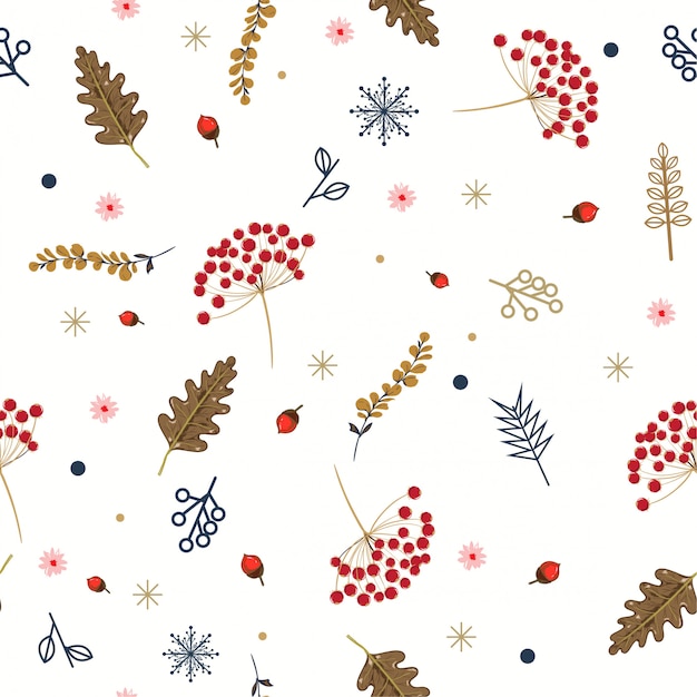 Hand drawn floral winter seamless pattern with christmas leaves and berries. 