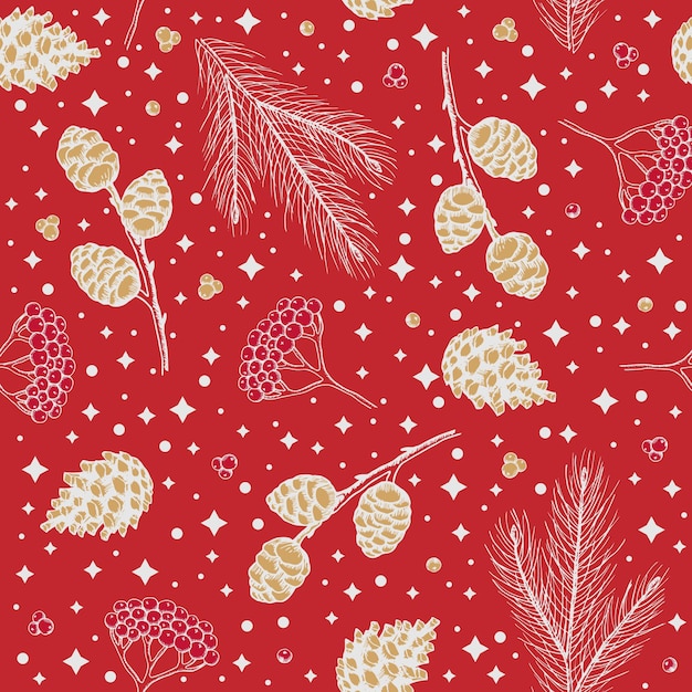 Hand drawn floral winter seamless pattern with christmas tree toys and Snowflakes Vector illustration background