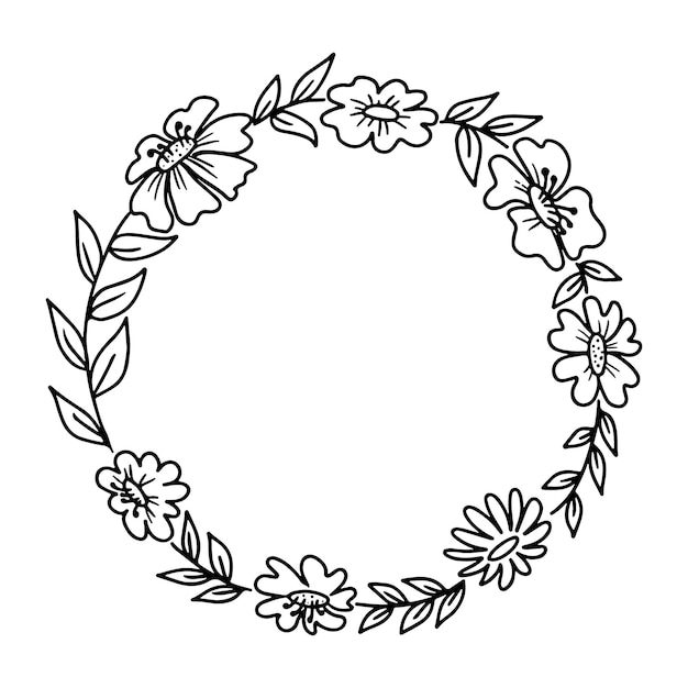 Hand drawn floral wreath Botanical wreath in line style Doodle vector illustration