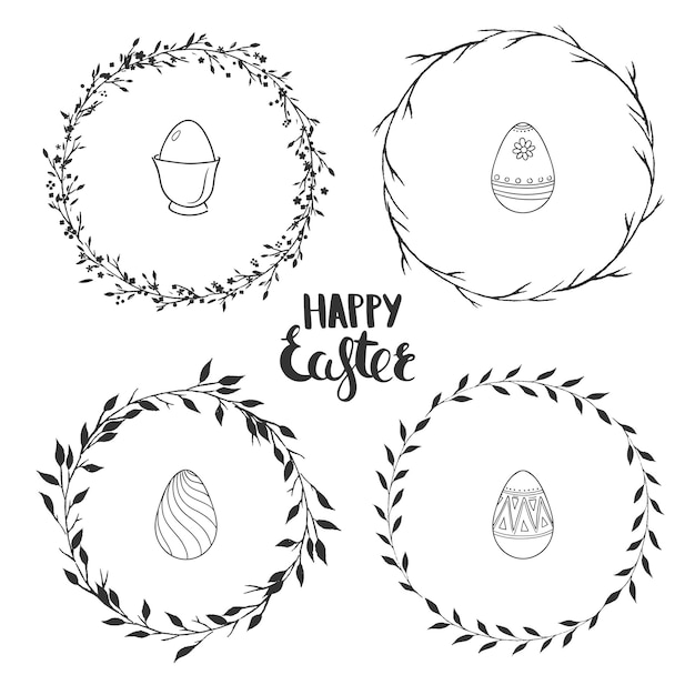 Hand drawn floral wreaths isolated on white. Vector spring wreaths and ornamental eggs for Easter.