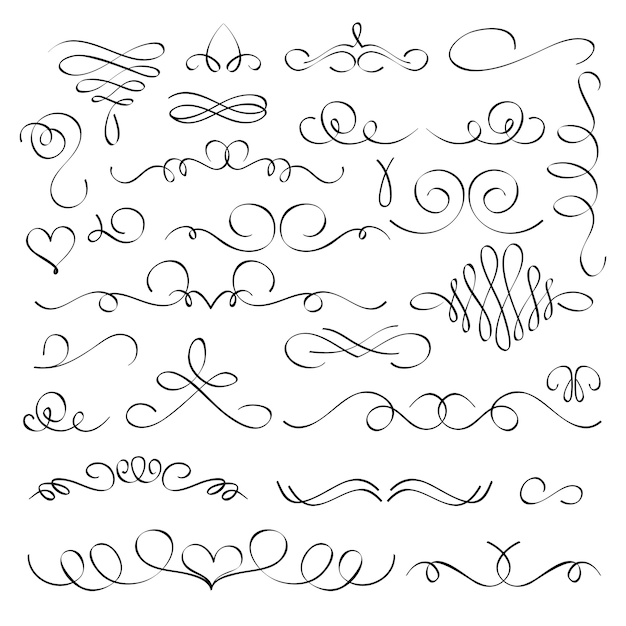 Hand drawn flourish elements, vintage calligraphic swirls. Vector ornaments isolated