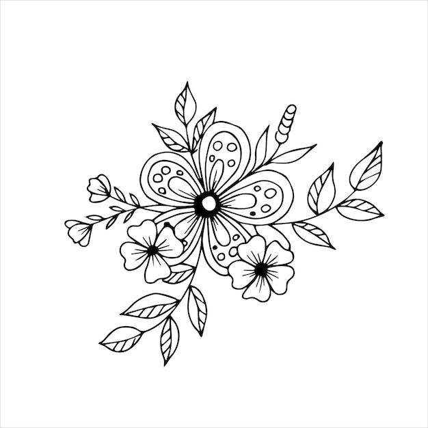 Hand drawn flower bouquet arrangement in black and white color doodle or sketch style