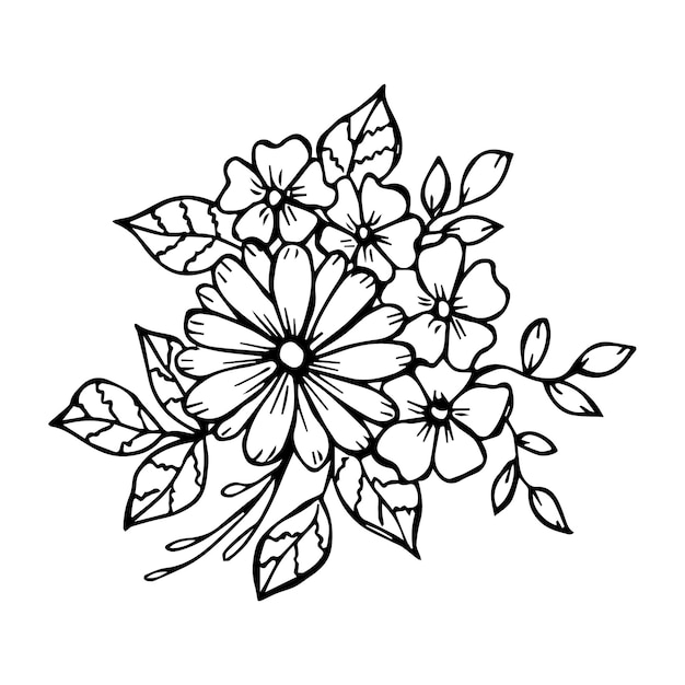 Hand drawn flower bouquet arrangement in black and white color doodle or sketch style