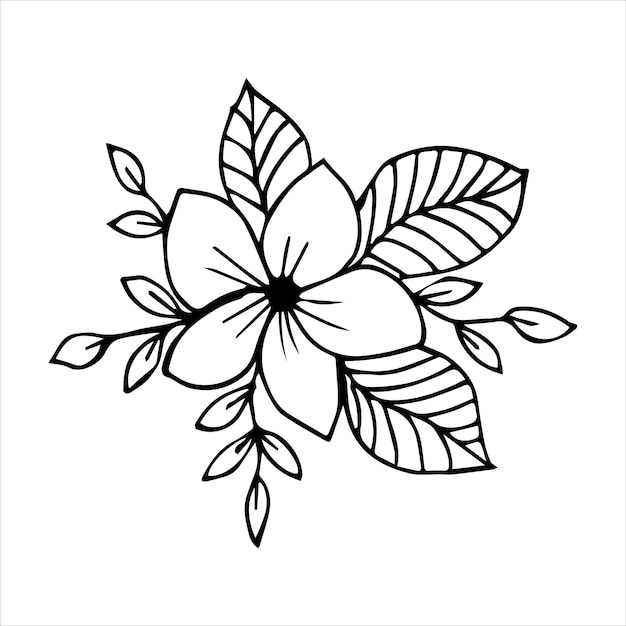 Hand drawn flower bouquet arrangement in black and white color doodle or sketch style