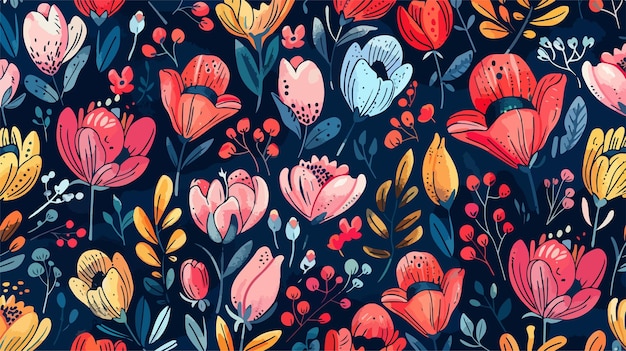 Hand Drawn Flower Burgeons Colored Vector Seamless Pattern