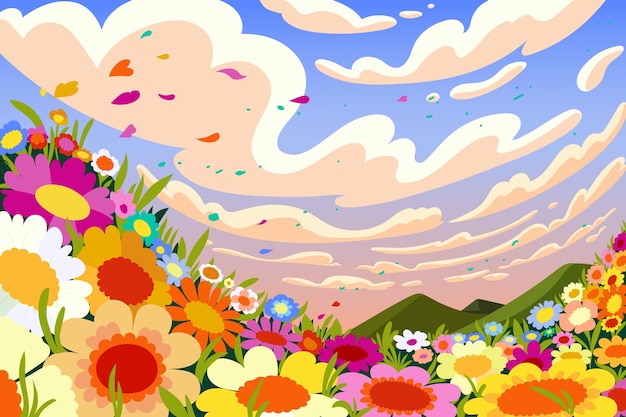 Vector hand drawn flower field background