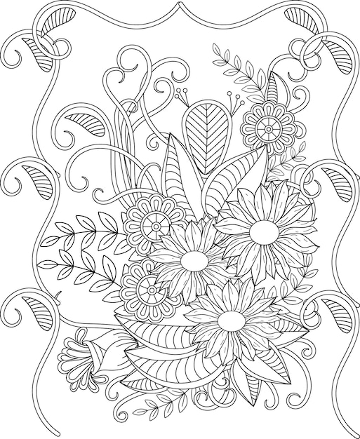 hand drawn flower illustration and flower coloring book for adults