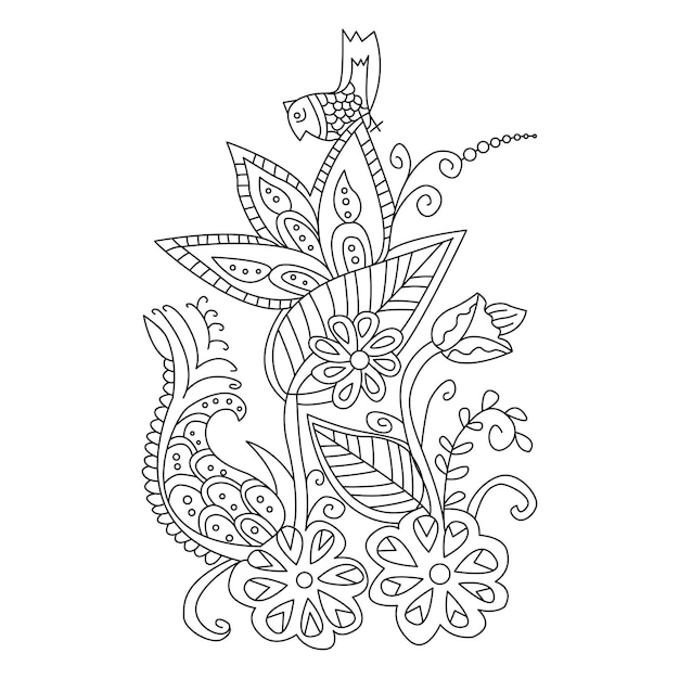 Hand drawn flower line art drawing with leaves for coloring page