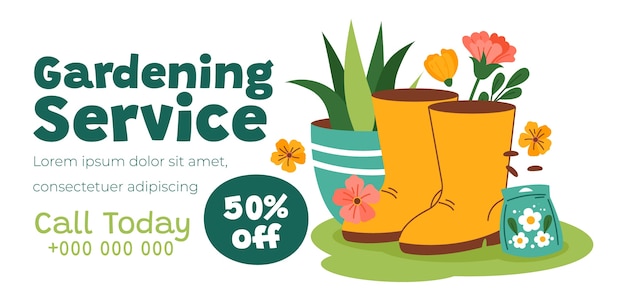 Hand drawn flower and plants discount advertising composition with gardening boots