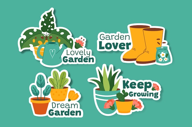 Hand drawn flower and plants labels collection with gardening message