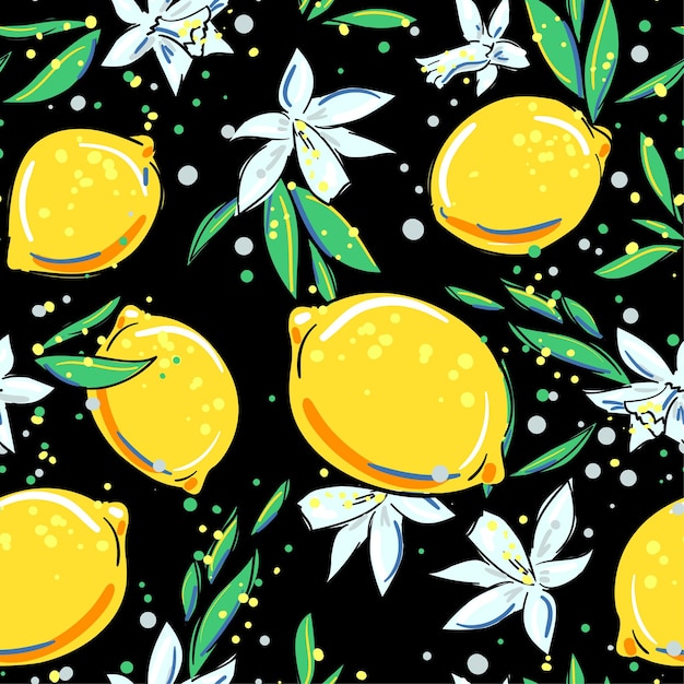 Hand drawn Flowering lemon on black background print for textiles pattern seamless vector trend