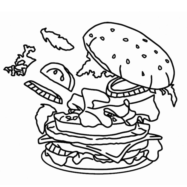 Hand drawn flying bun Burger, Ilustration Burger black white