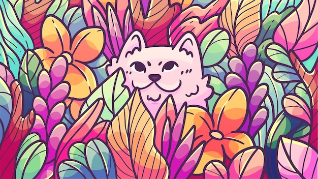 HAND DRAWN FOLIAGE AND CAT BACKGROUND WALLPAPER