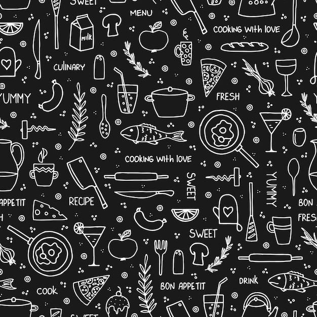 Hand drawn food and kitchen utensils seamless pattern in doodle style.