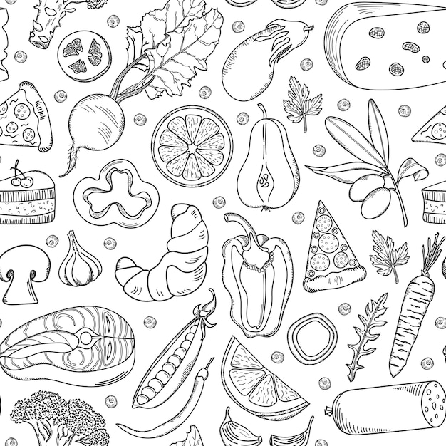 Hand drawn foods seamless pattern.