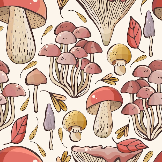 Hand drawn forest mushrooms seamless pattern.