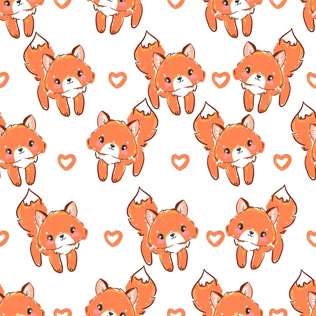 Hand Drawn Fox and heart Vector pattern seamless trendy print woodland design for fabric textile