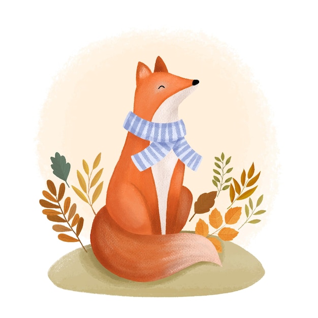 Hand drawn fox in scarf, happy fall.