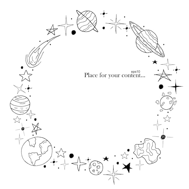 Hand drawn frame Space elements in doodle style Vector illustration