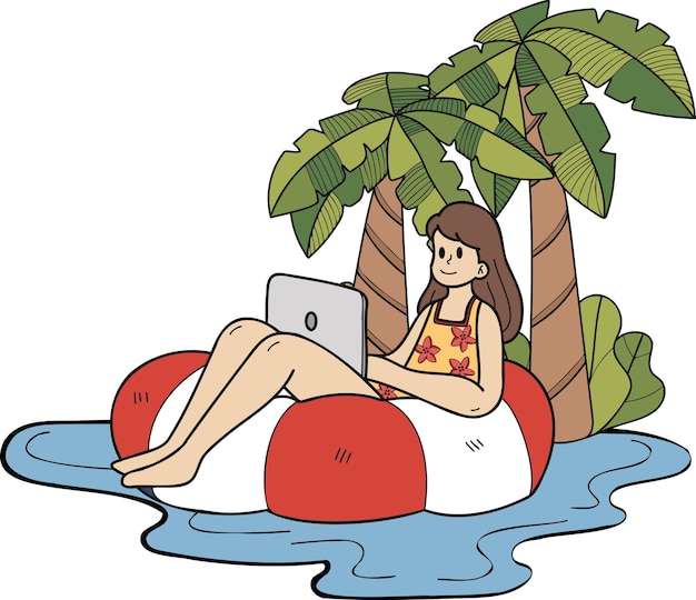 Hand Drawn Freelance woman working on laptop under coconut tree illustration in doodle style