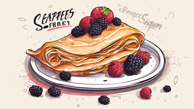 Vector hand drawn french dessert crepes with berries sketch