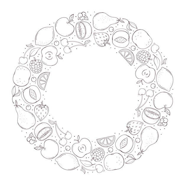 Hand drawn fruit and berries wreath isolated on white background.