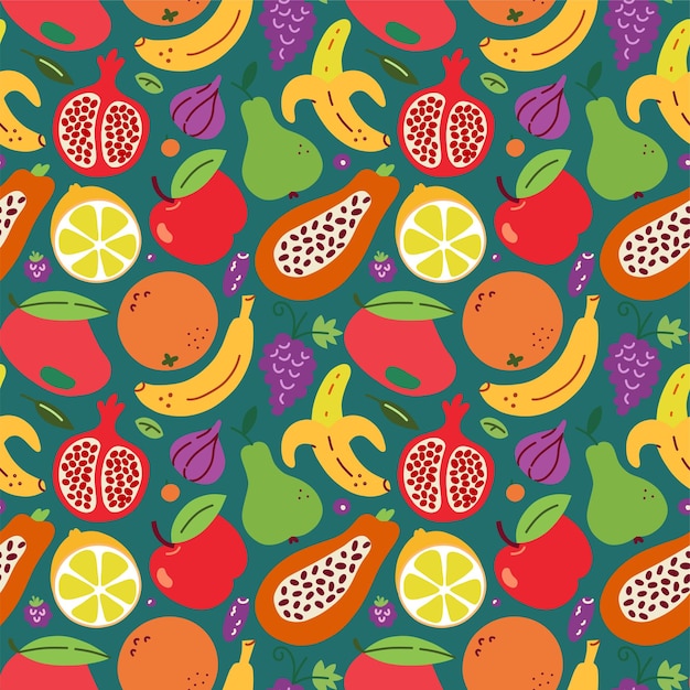 Vector hand drawn fruit seamless colored pattern on green background bright vector doodle icons of fruits