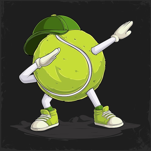 Hand drawn funny Dabbing Tennis ball wearing a hat with hands and legs doing dab dance gesture pose