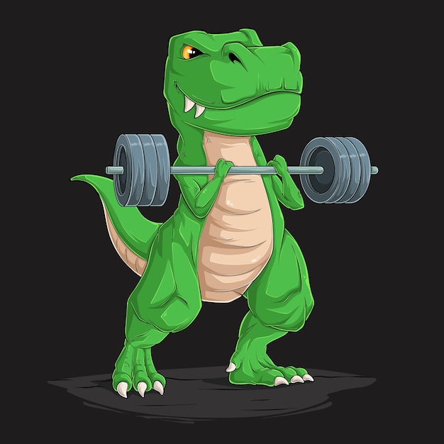 Hand drawn funny dinosaur T Rex lifting a big weight straight barbell doing biceps exercise