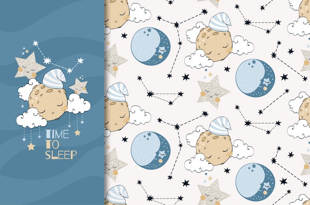 Hand drawn funny object planet and stars card and seamless pattern illustration. Time to sleep.