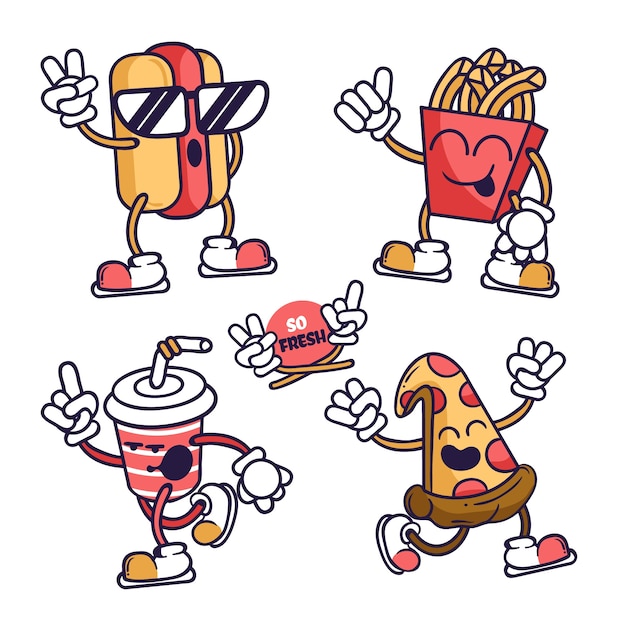 Hand drawn funny sticker collection with food