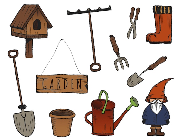 Hand drawn garden set Cozy vector illustration of birdhouse shovels rakes garden gnome boots