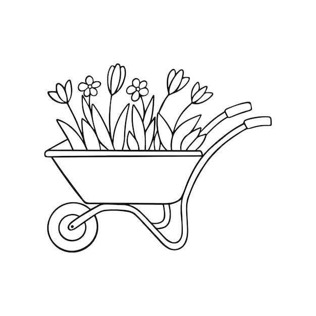 Hand drawn garden wheelbarrow with flowers doodle Garden equipment in sketch style