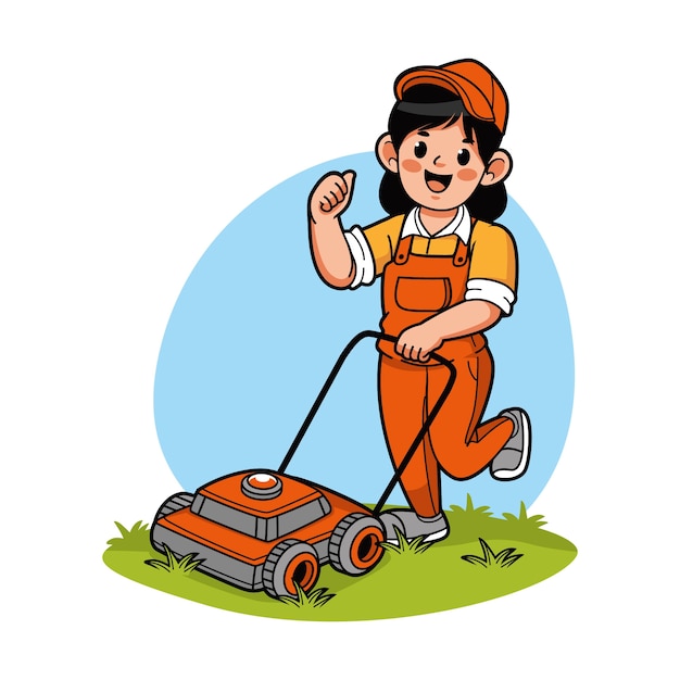 Hand drawn gardener using lawn mower cartoon illustration