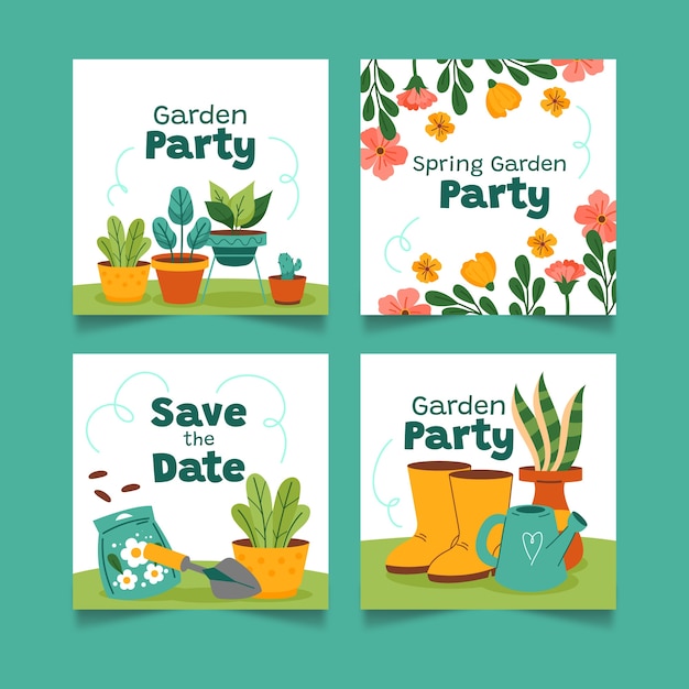 Hand drawn gardening cards collection with plants and tools