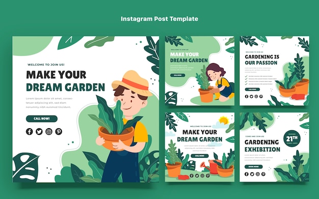 Hand drawn gardening instagram post pack