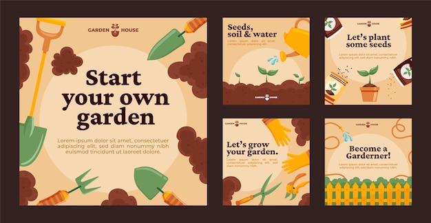 Hand drawn gardening instagram post set