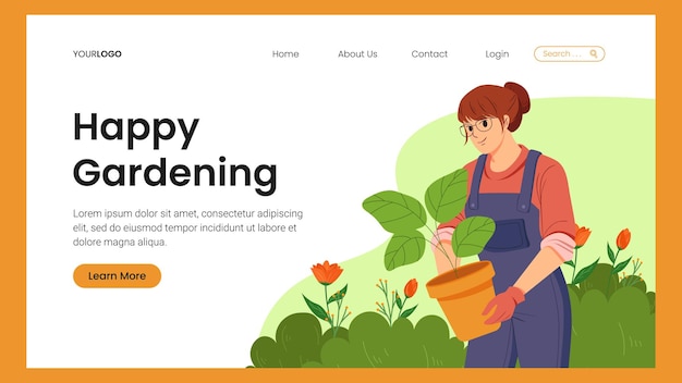 Hand drawn gardening landing page design Female gardener taking care of plants