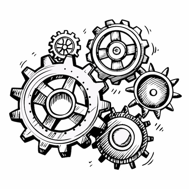 Vector hand drawn gears and cogs illustration industrial mechanical design art