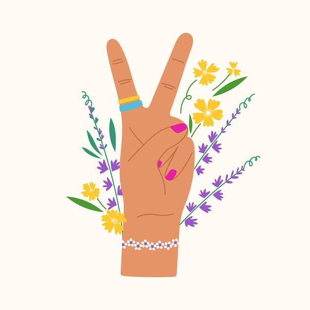 Hand drawn gesture with flowers and leaves Trendy hand showing peace sign and lavender