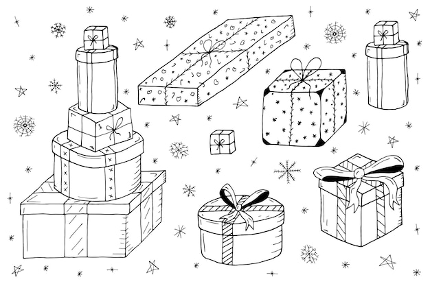 Hand drawn gift boxes.Vector illustration in doodle style.Christmas gifts.