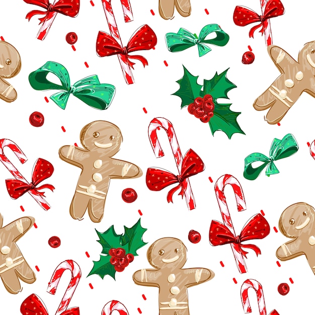 Hand Drawn Gingerbread Man and christmas candy cane Pattern