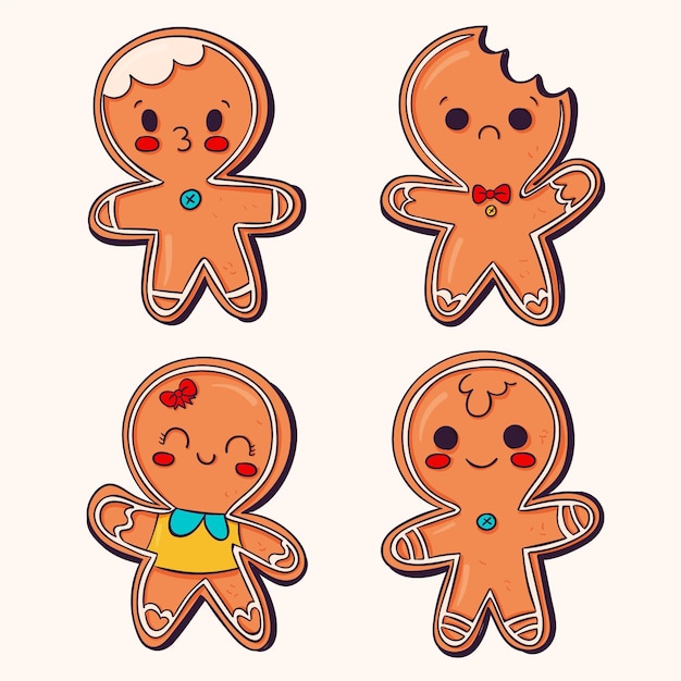 Hand drawn gingerbread man cookies collection