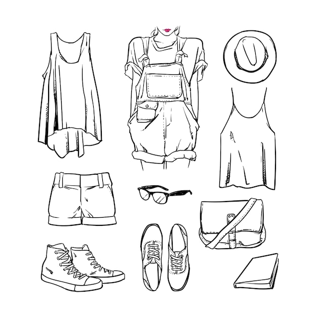 Hand drawn girl clothing and accessories outline