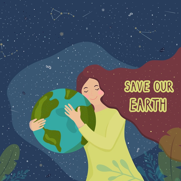 Hand drawn girl holds the globe in her hands on dark star background Love your planet Earth Day