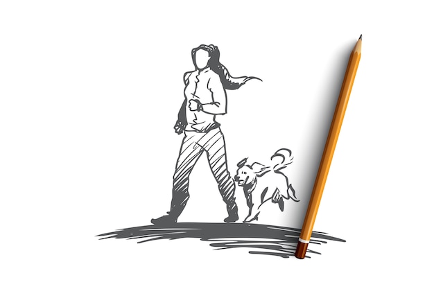 Hand drawn girl running with her dog concept sketch