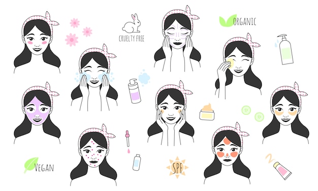 Hand drawn girl takes care of her face. Skin care procedures. Line style icon of daily beauty treatments. Skin care, acne treatment, washes makeup, facial massage.