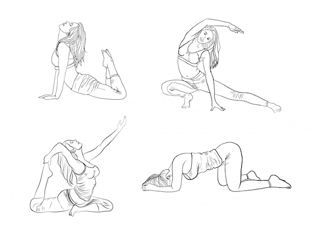 Hand drawn Girl in yoga position. Vector illustration of beautiful cartoon woman in various poses of yoga.