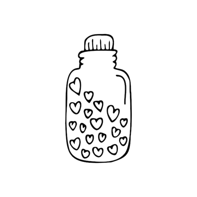 Hand drawn glass jar filled with hearts isolated on a white background