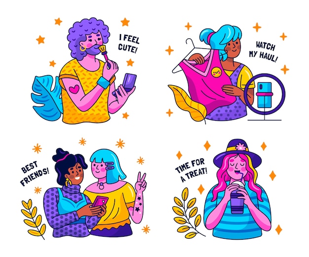 Hand drawn glitzy teenagers stickers